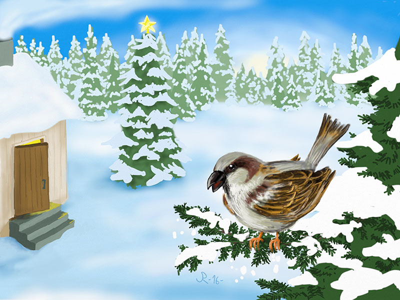 Digital art - Traditional snowy Christmas scene with a bird
